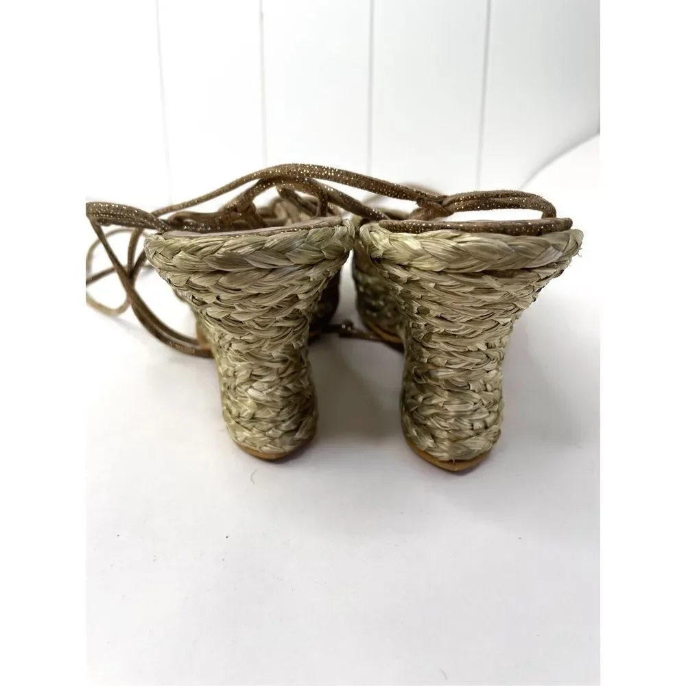 Stuart Weitzman Wishful Espadrilles Wedge Tan Nairobi‎ Patch Ankle Wrap Size 10
